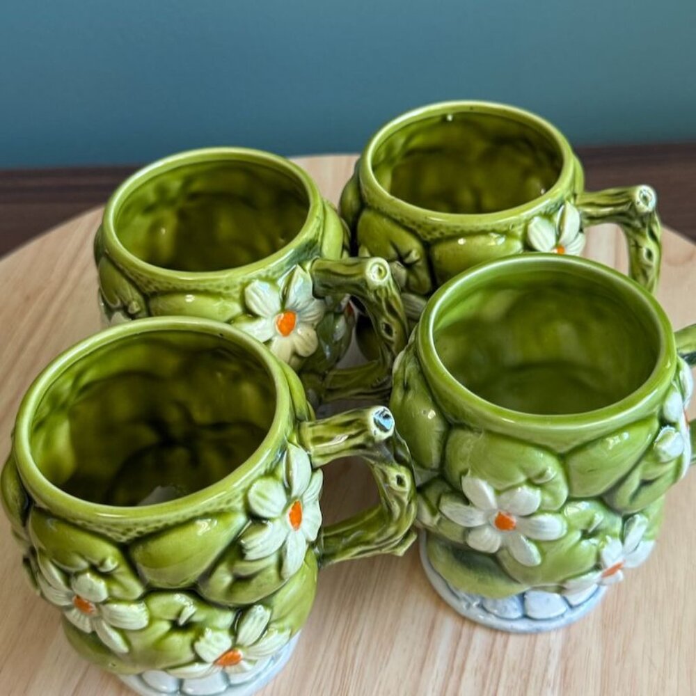 Vintage Inarco 1967 Green Apple Daisy Ceramic Mugs Japan Set Of 4 Coffee Tea Cup - Picture 3 of 9